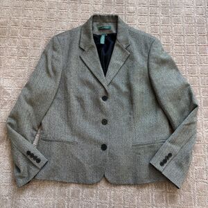Ralph Lauren Wool Herringbone Blazer Jacket Womens 16 Black Cream Classic Preppy